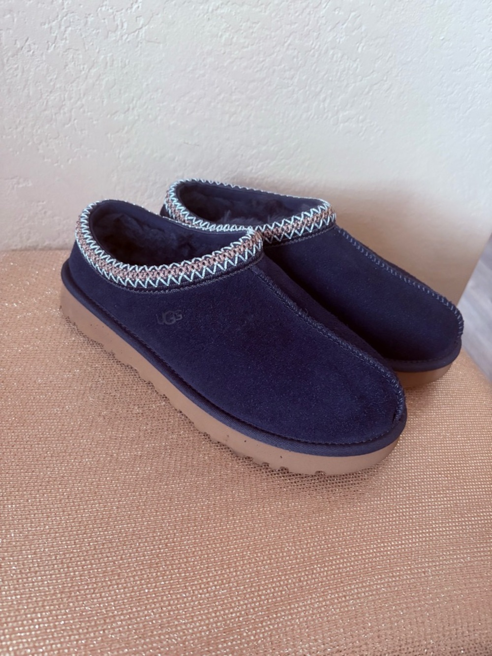 UGG Navy Suede Slip-On Mule with Multicolor Trim